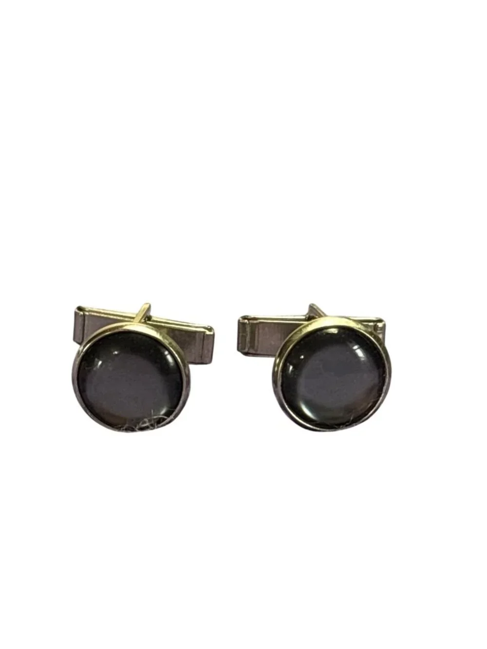 Vintage Grey Glass Circle Silvertone Cufflinks 5/8 inch
